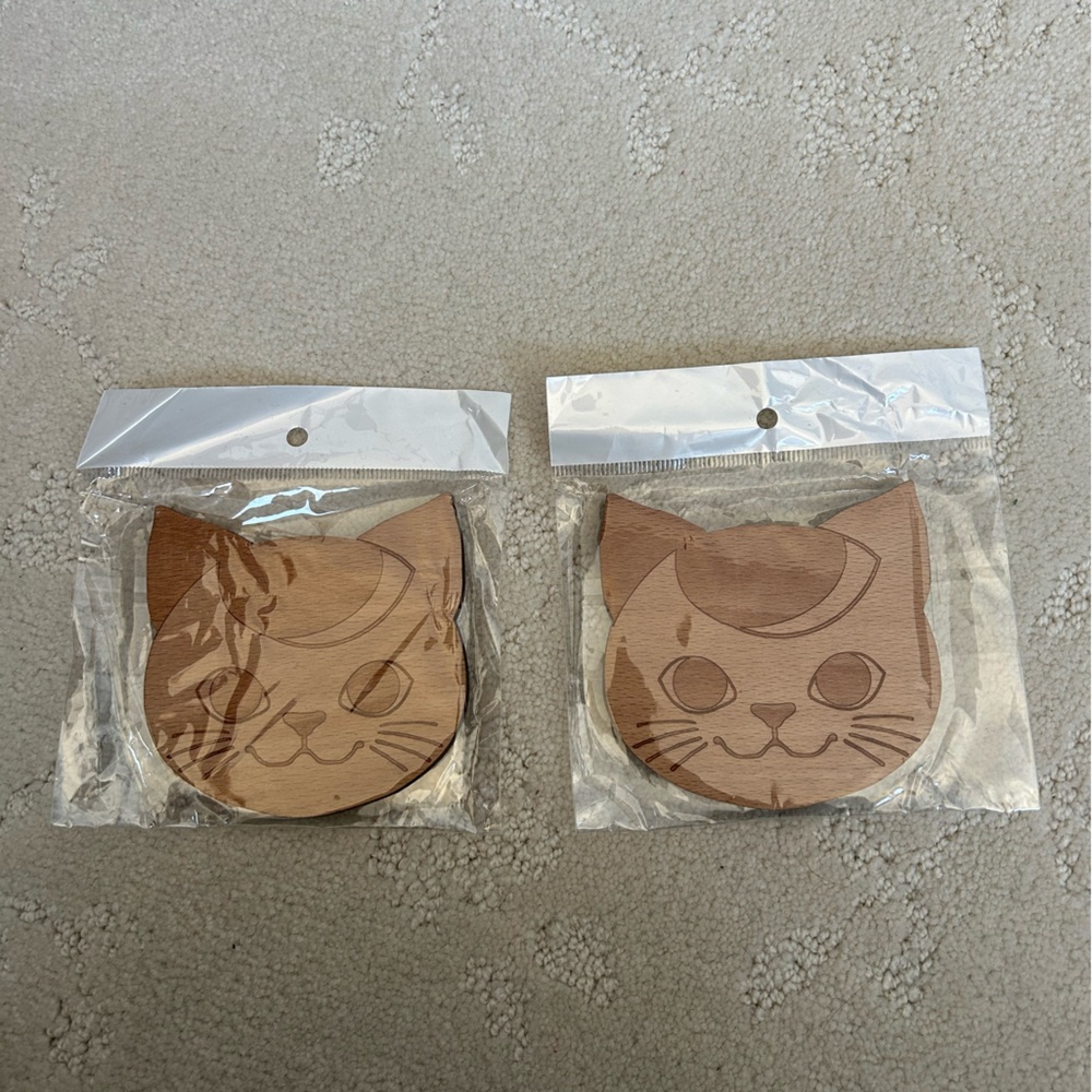 Set of two wooden cat coasters from Japan kawaii home decor Neko